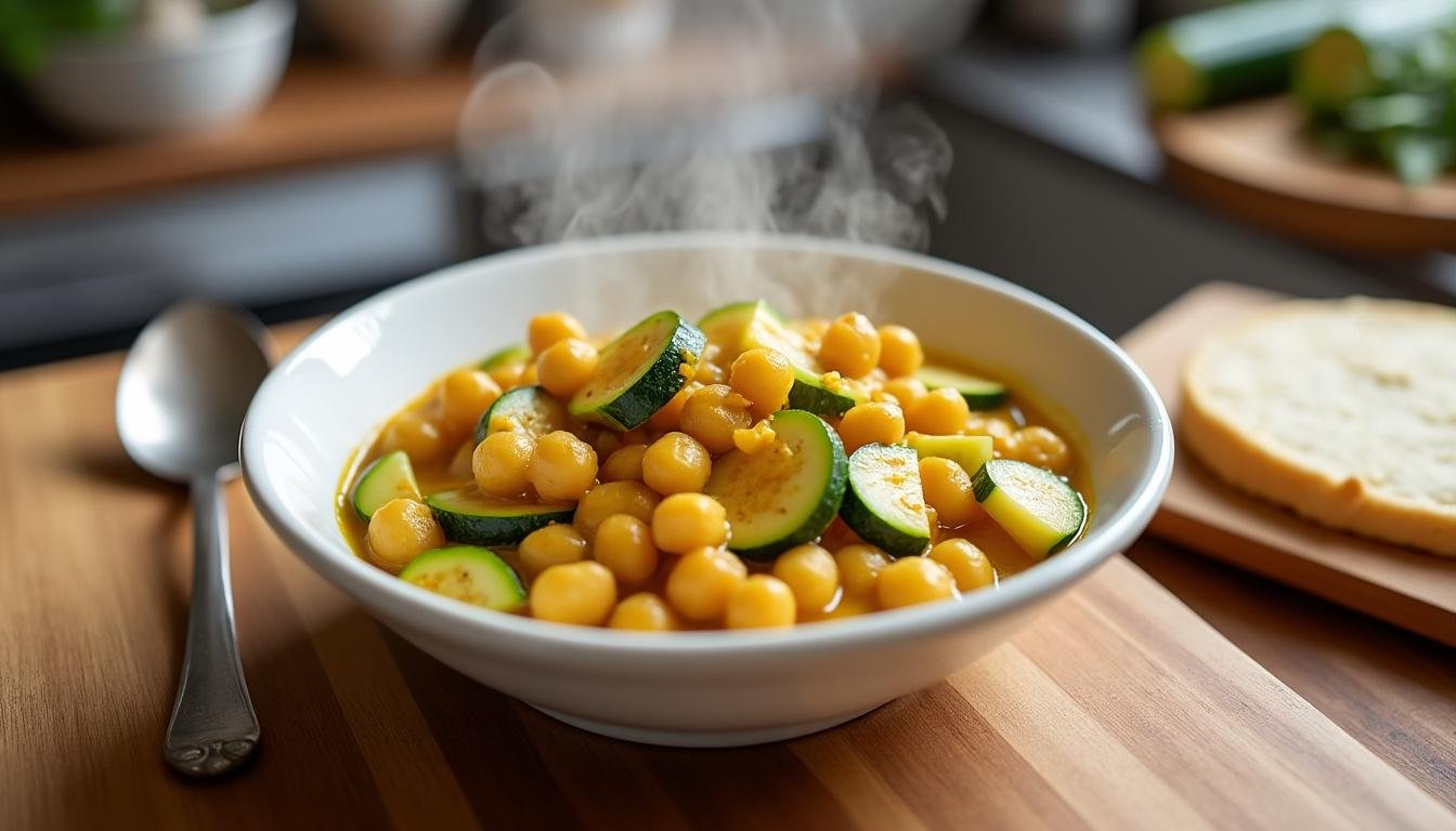 découvrez notre recette savoureuse de poêlée de pois chiches et courgettes au curry : un plat végétarien facile, parfumé et plein de couleurs, idéal pour un repas sain et rapide.