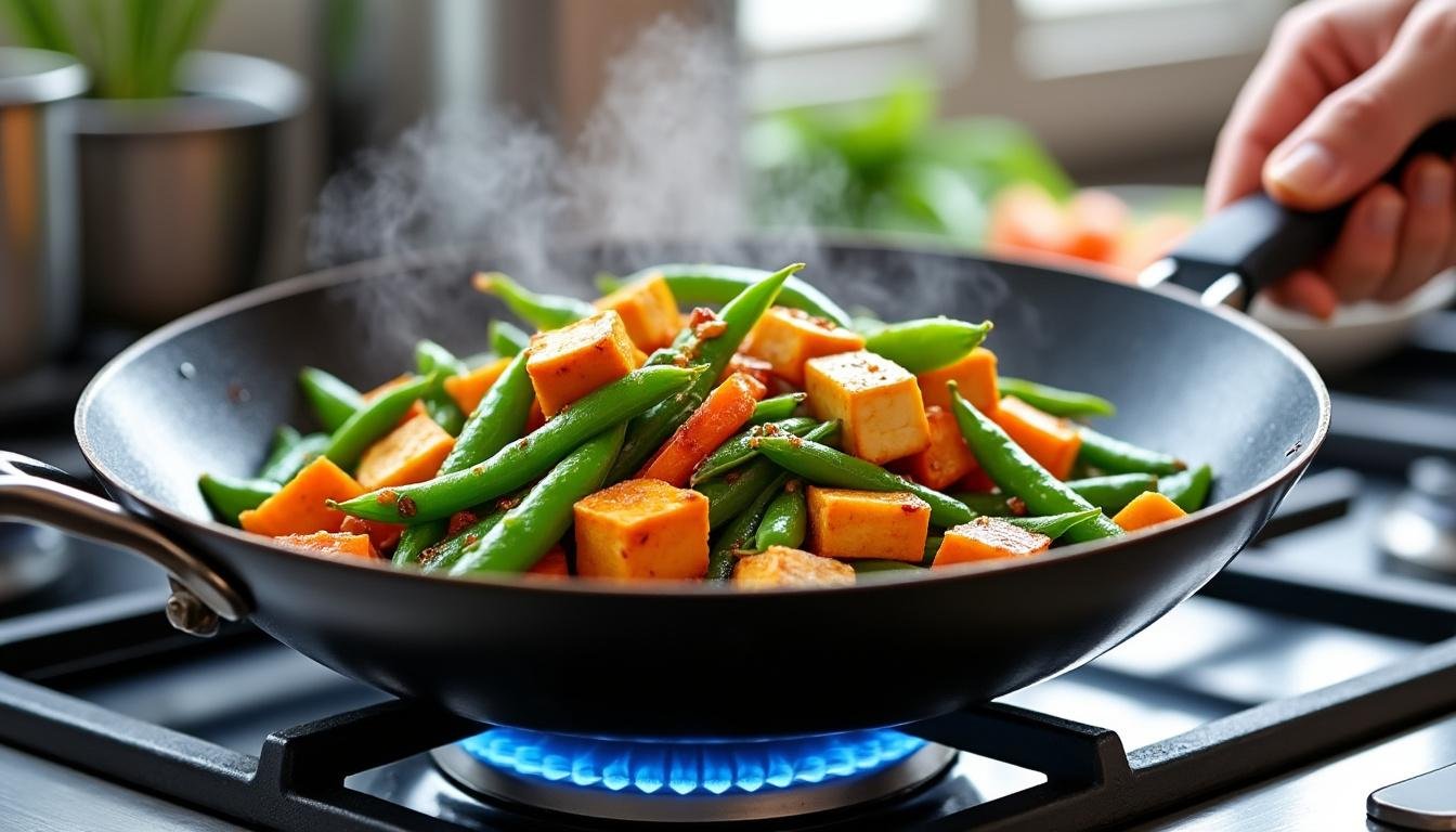 découvrez notre savoureuse poêlée de pois gourmands, carottes croquantes et tofu tendre, un plat végétarien coloré, sain et prêt en quelques minutes pour un repas équilibré et gourmand !