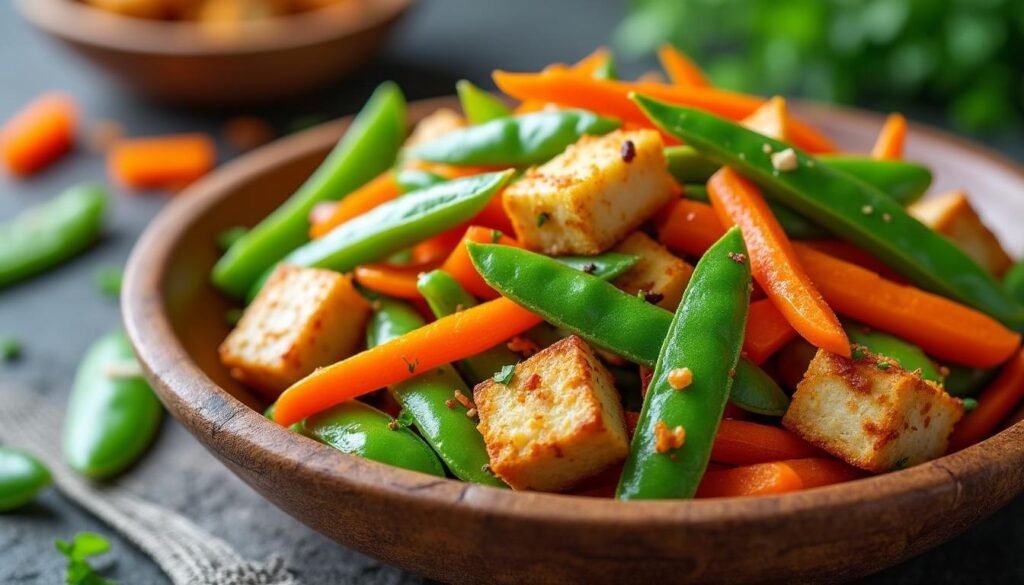 découvrez notre recette savoureuse de poêlée de pois gourmands, carottes et tofu : un plat sain, coloré et rapide à préparer, parfait pour un repas végétarien équilibré et plein de saveurs.