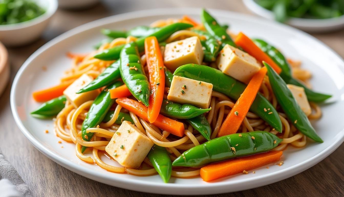 découvrez une poêlée savoureuse de pois gourmands, carottes croquantes et tofu, un plat végétarien coloré, sain et facile à préparer, parfait pour un repas équilibré et gourmand.