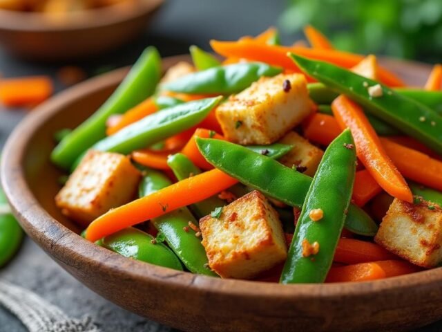 Poêlée de pois gourmands, carottes et tofu