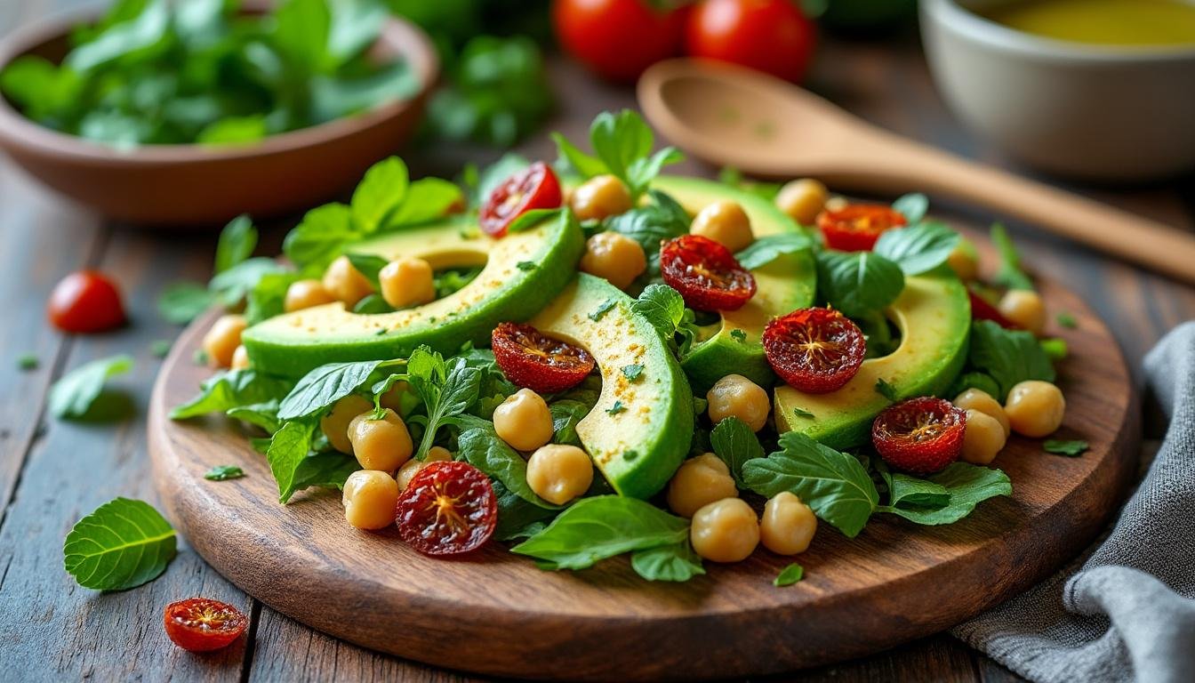 découvrez notre délicieuse salade d’avocat, pois chiches et tomates séchées : un mélange savoureux, riche en protéines et parfait pour un repas léger, sain et rapide à préparer !