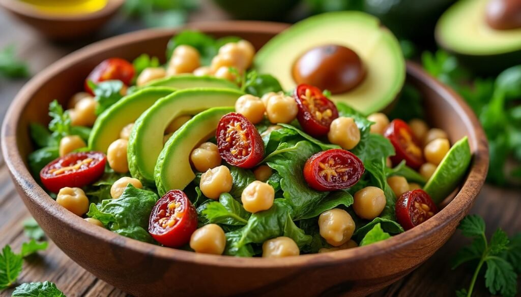 découvrez une salade d’avocat, pois chiches et tomates séchées, savoureuse et équilibrée, idéale pour un repas léger, sain et plein de fraîcheur. parfaite pour un déjeuner rapide ou un dîner végétarien.