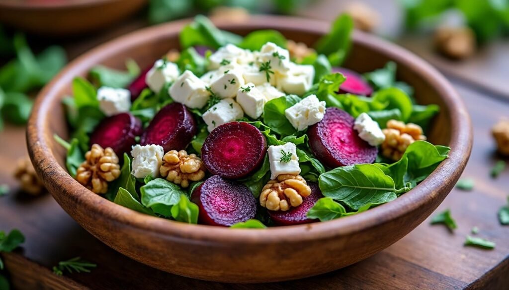 découvrez une délicieuse salade de betterave accompagnée de noix croquantes et de fromage de chèvre crémeux. une recette fraîche, saine et gourmande, parfaite en entrée ou en plat léger.