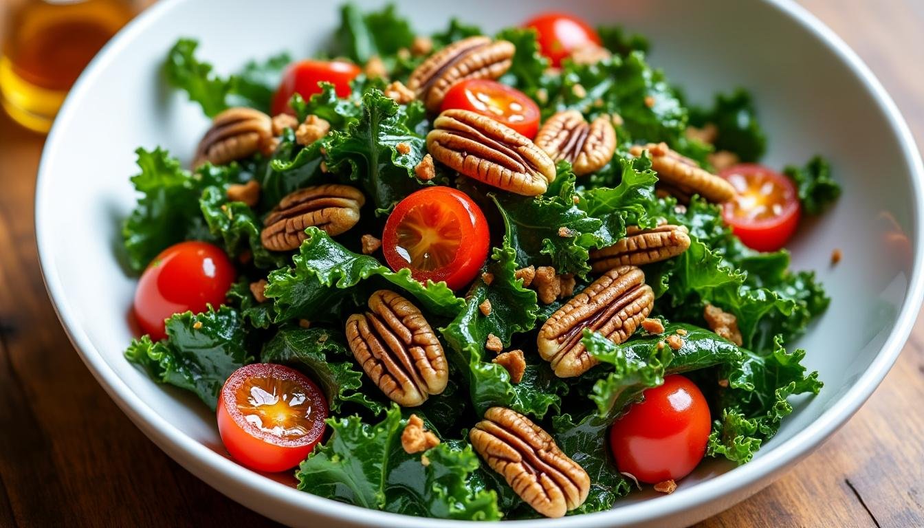 découvrez une salade de chou kale croquante agrémentée de noix de pécan grillées et accompagnée d'une délicieuse vinaigrette au miel, parfaite pour un repas léger et sain.