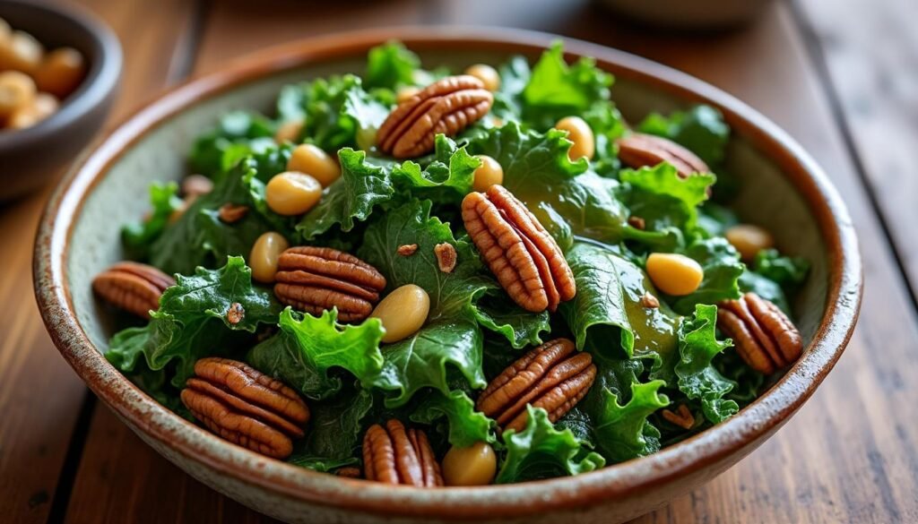 découvrez une salade saine et gourmande à base de chou kale croquant, de noix de pécan et d'une vinaigrette au miel légère. idéale pour une entrée fraîche et équilibrée, parfaite pour toutes les saisons.