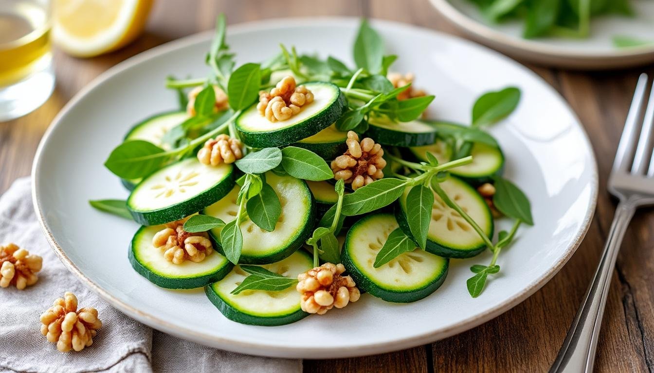 découvrez une salade fraîche et savoureuse composée de courgettes marinées, de roquette croquante et de noix croquantes. un mélange parfait pour une entrée légère et gourmande, idéale en été !