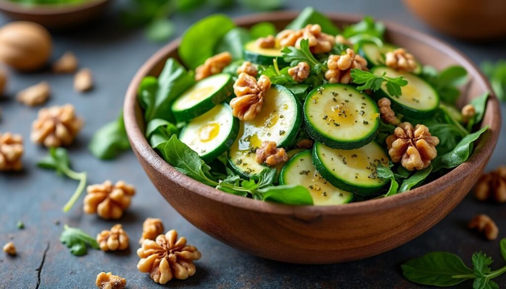 découvrez une délicieuse salade de courgettes marinées agrémentée de roquette fraîche et de noix croquantes. une recette légère, savoureuse et parfaite pour vos repas d'été !
