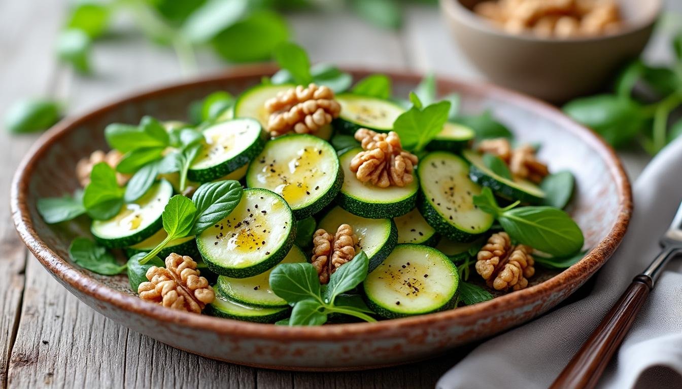 découvrez une salade rafraîchissante de courgettes marinées associées à la roquette et aux noix pour une entrée légère, croquante et pleine de saveurs estivales.