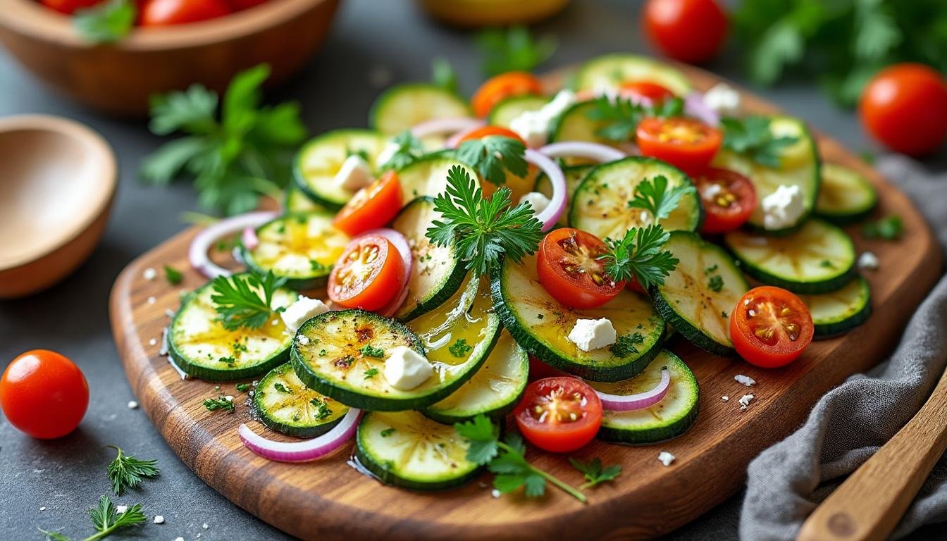 découvrez une salade de courgettes marinées, accompagnée de roquette fraîche et de noix croquantes. une recette légère, savoureuse et idéale pour un repas d'été sain et gourmand.