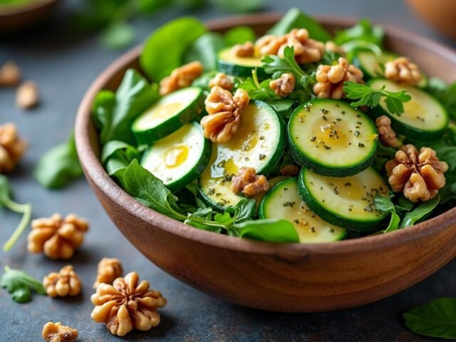 Salade de courgettes marinées, roquette et noix