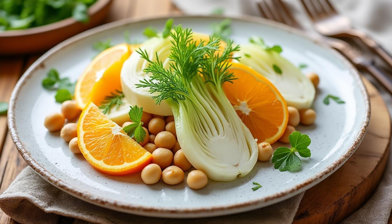 découvrez une salade fraîche et croquante alliant fenouil, orange et pois chiches. un plat végétarien sain, plein de saveurs et parfait pour une entrée légère ou un déjeuner équilibré !