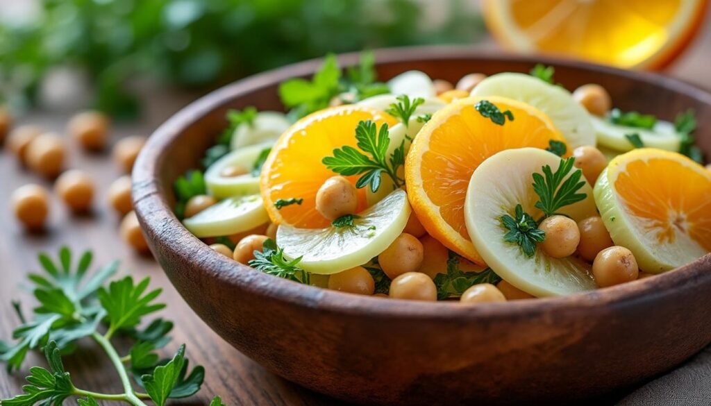 découvrez notre recette fraîche de salade de fenouil, orange et pois chiches : un mélange coloré, savoureux et sain, idéal pour une entrée légère ou un déjeuner vitaminé.