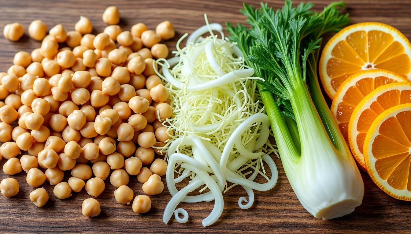découvrez une salade fraîche et savoureuse à base de fenouil croquant, d'oranges juteuses et de pois chiches tendres, idéale pour un repas léger et sain.