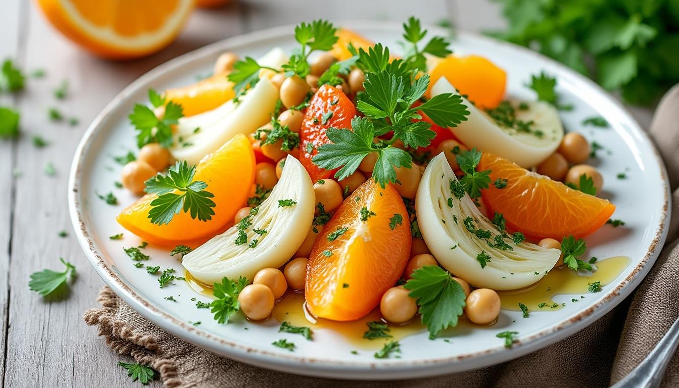 découvrez une salade de fenouil fraîche et croquante, associée à l'orange juteuse et aux pois chiches savoureux. une recette légère, colorée et pleine de saveurs pour un repas sain et équilibré.