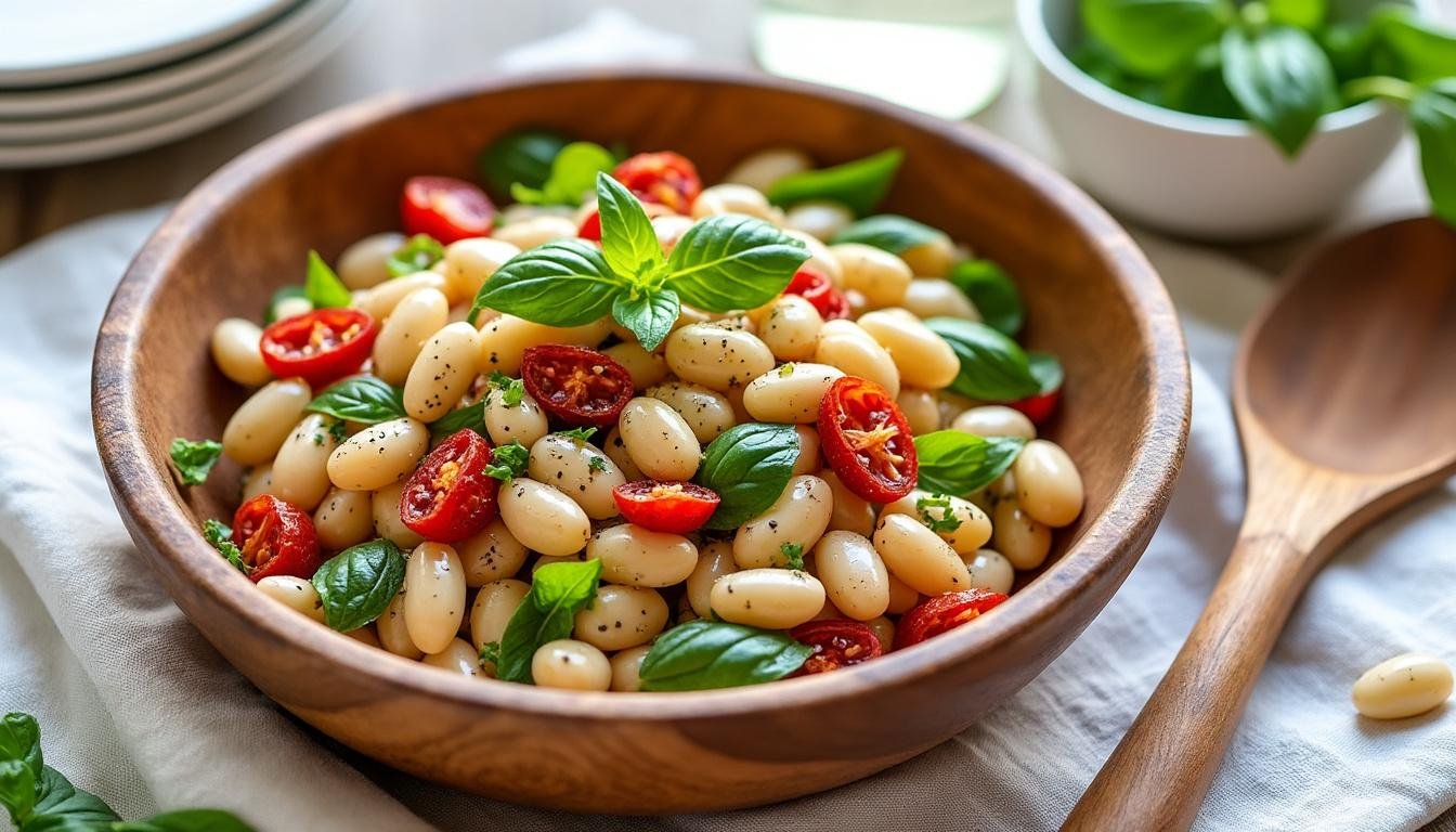 découvrez notre recette savoureuse de salade de haricots blancs, agrémentée de tomates séchées et de basilic frais. un plat frais, équilibré et parfumé, idéal pour un repas léger ou en accompagnement.