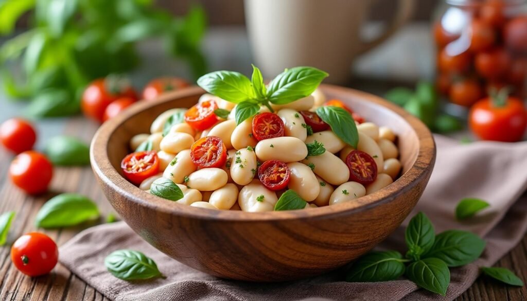 découvrez notre salade de haricots blancs gourmande, agrémentée de tomates séchées et de basilic frais. une recette simple, savoureuse et idéale pour un repas léger ou une entrée estivale.