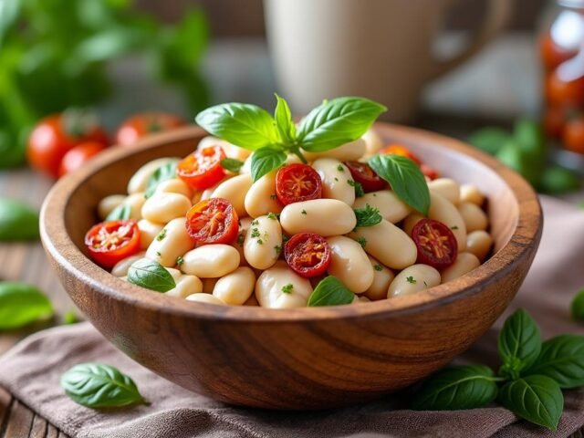 Salade de haricots blancs, tomates séchées et basilic