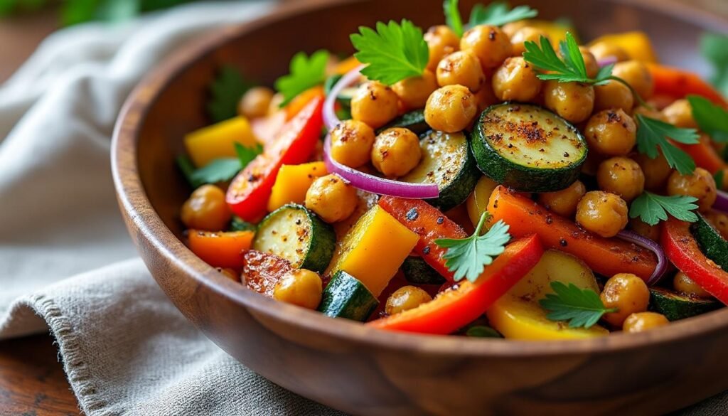 découvrez notre salade de légumes rôtis aux saveurs méditerranéennes, agrémentée de pois chiches épicés pour un plat sain, gourmand et riche en protéines. parfait pour un repas équilibré !