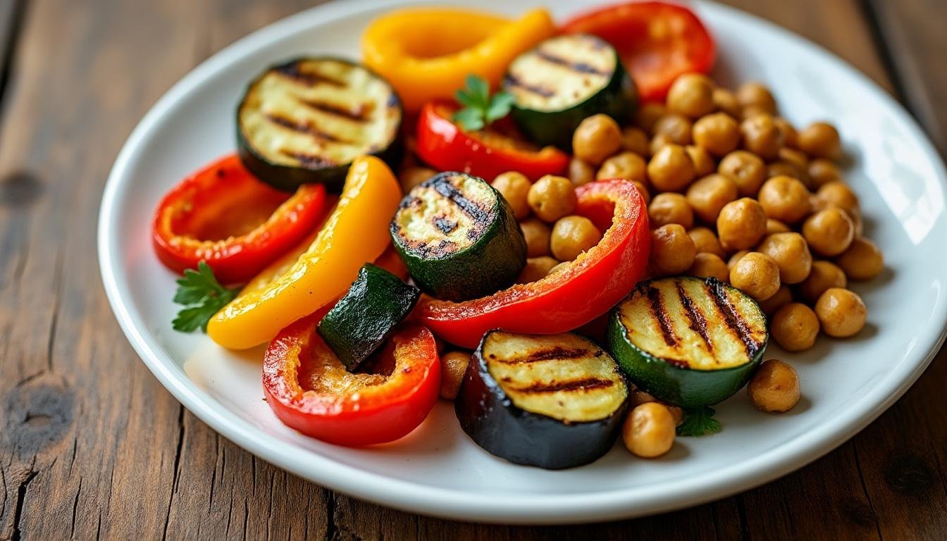 savourez une salade colorée de légumes rôtis et pois chiches épicés, parfaite pour un repas sain, gourmand et riche en saveurs. idéale en accompagnement ou en plat principal végétarien.