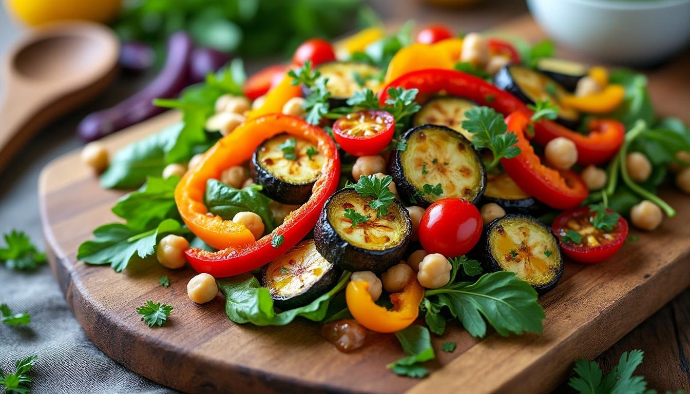 découvrez notre recette savoureuse de salade de légumes rôtis et pois chiches épicés : un plat coloré, riche en saveurs, parfait pour un repas sain et équilibré qui ravira vos papilles !