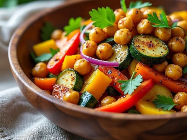 Salade de légumes rôtis et pois chiches épicés
