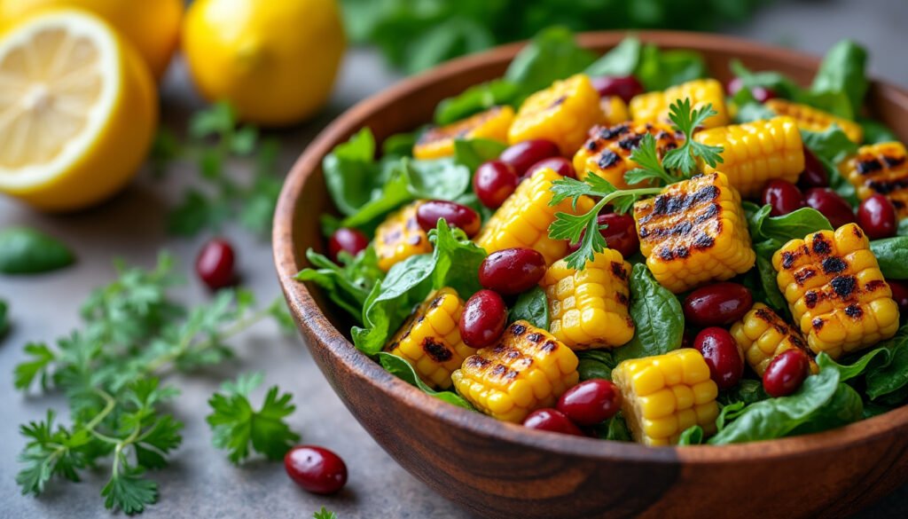découvrez une délicieuse salade de maïs grillé et haricots rouges, relevée d'une sauce citronnée fraîche et légère. parfaite pour un repas sain, rapide et plein de saveurs estivales.