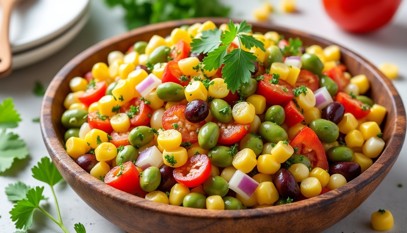 découvrez notre salade de maïs grillé et haricots rouges, accompagnée d'une sauce citronnée fraîche et légère. un plat coloré, savoureux et parfait pour vos repas d'été ou en accompagnement santé.