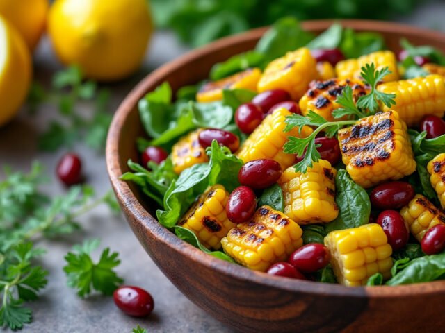 Salade de maïs grillé, haricots rouges et sauce citronnée