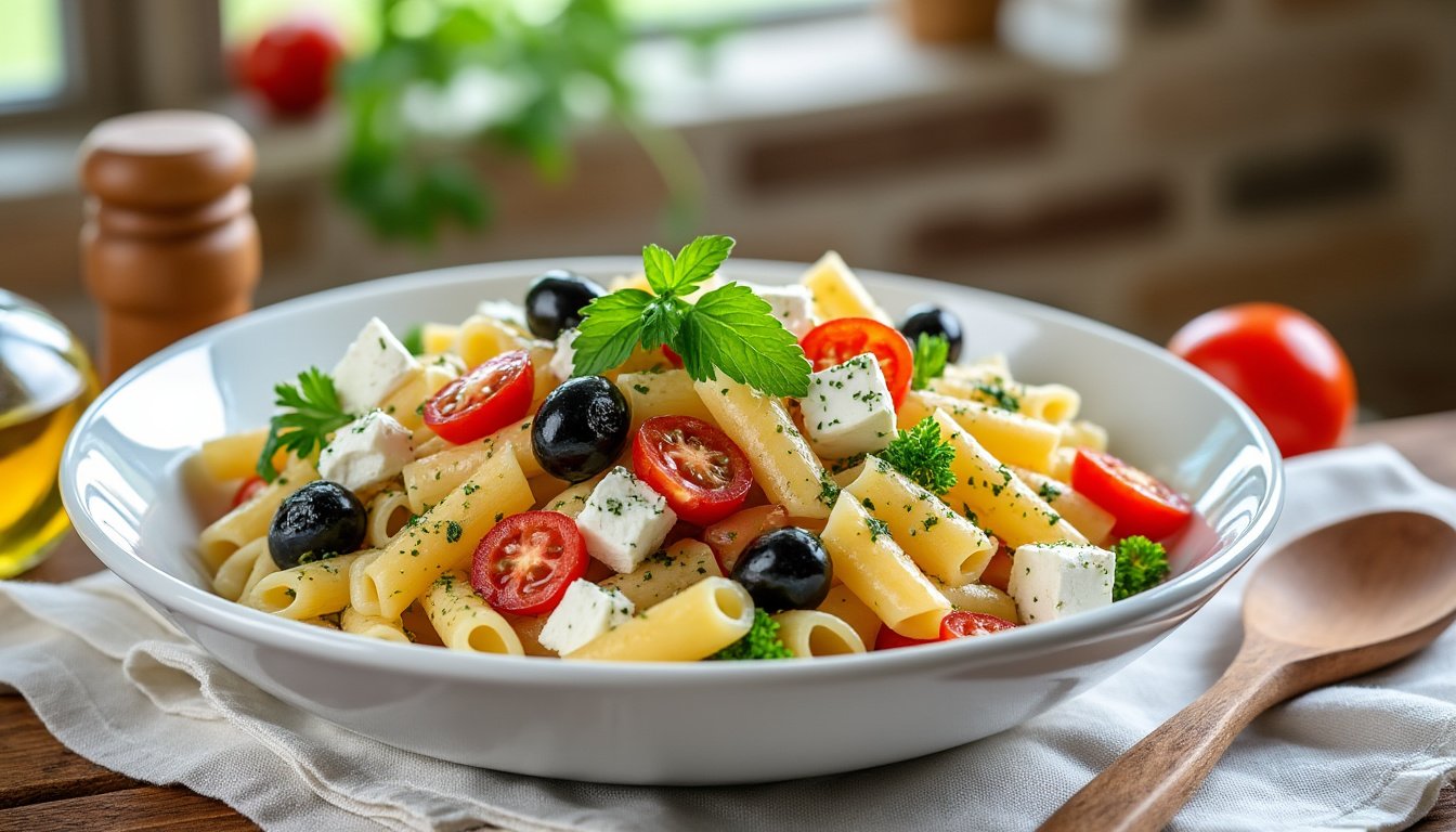 savourez notre salade de pâtes complètes agrémentée de feta fondante et d’olives noires, pour un repas sain, équilibré et plein de saveurs méditerranéennes.