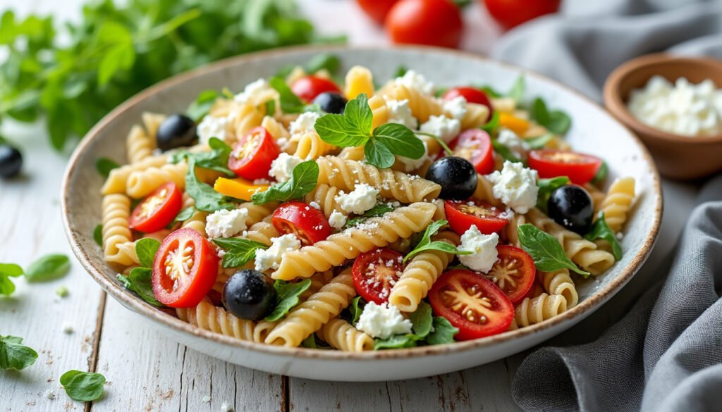 découvrez une salade de pâtes complètes savoureuse, accompagnée de feta crémeuse et d'olives noires, pour un repas frais, équilibré et parfait à partager cet été.