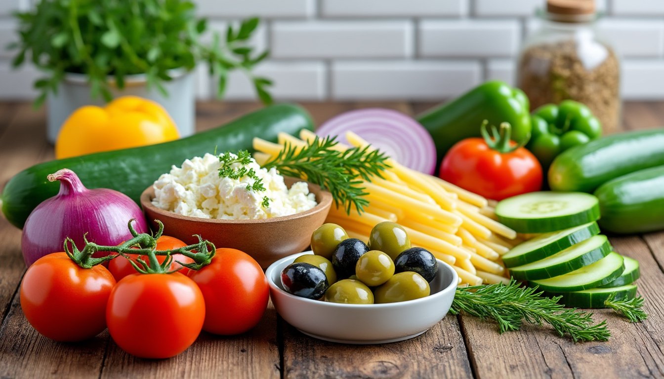 découvrez notre délicieuse salade de pâtes complètes, agrémentée de feta crémeuse et d'olives noires savoureuses, pour un repas frais, équilibré et plein de saveurs méditerranéennes.