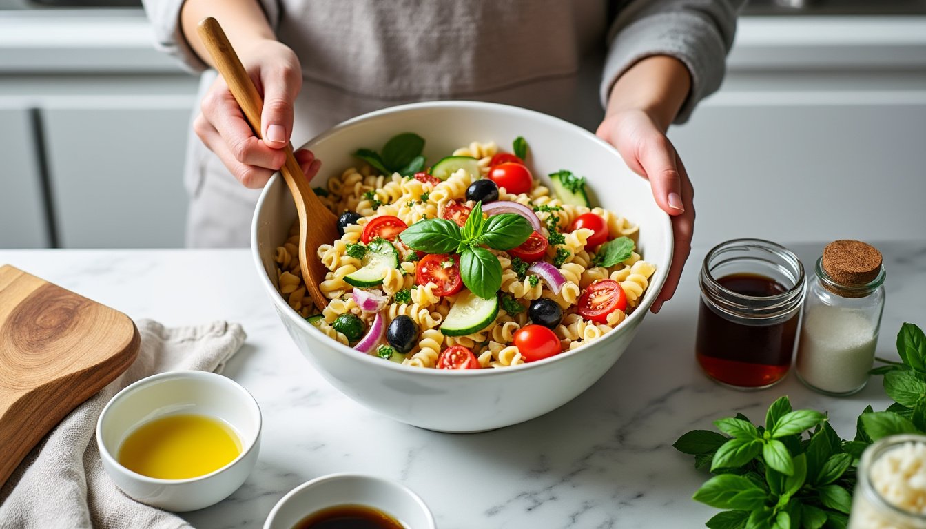 découvrez une salade de pâtes complètes gourmande, agrémentée de feta fondante et d'olives noires savoureuses. idéale pour un repas frais, équilibré et rapide à préparer !