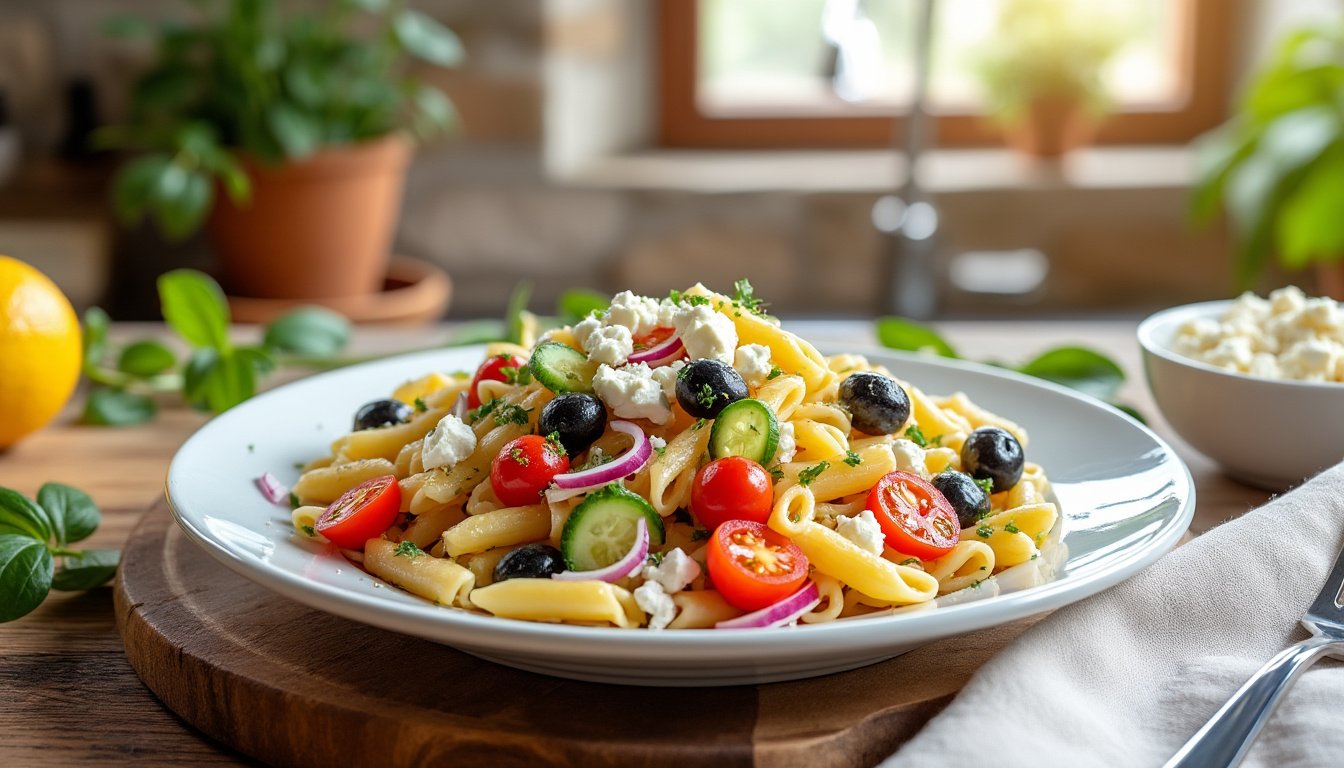découvrez notre délicieuse salade de pâtes complètes, agrémentée de feta crémeuse et d'olives noires savoureuses. une recette fraîche, équilibrée et idéale pour un repas léger ou à emporter !