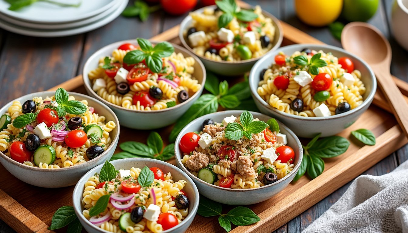 savourez une salade de pâtes complètes légère et équilibrée, agrémentée de feta crémeuse et d’olives noires. parfaite pour un déjeuner sain, rapide et plein de saveurs méditerranéennes.