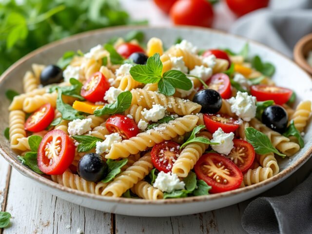 Salade de pâtes complètes, feta et olives noires