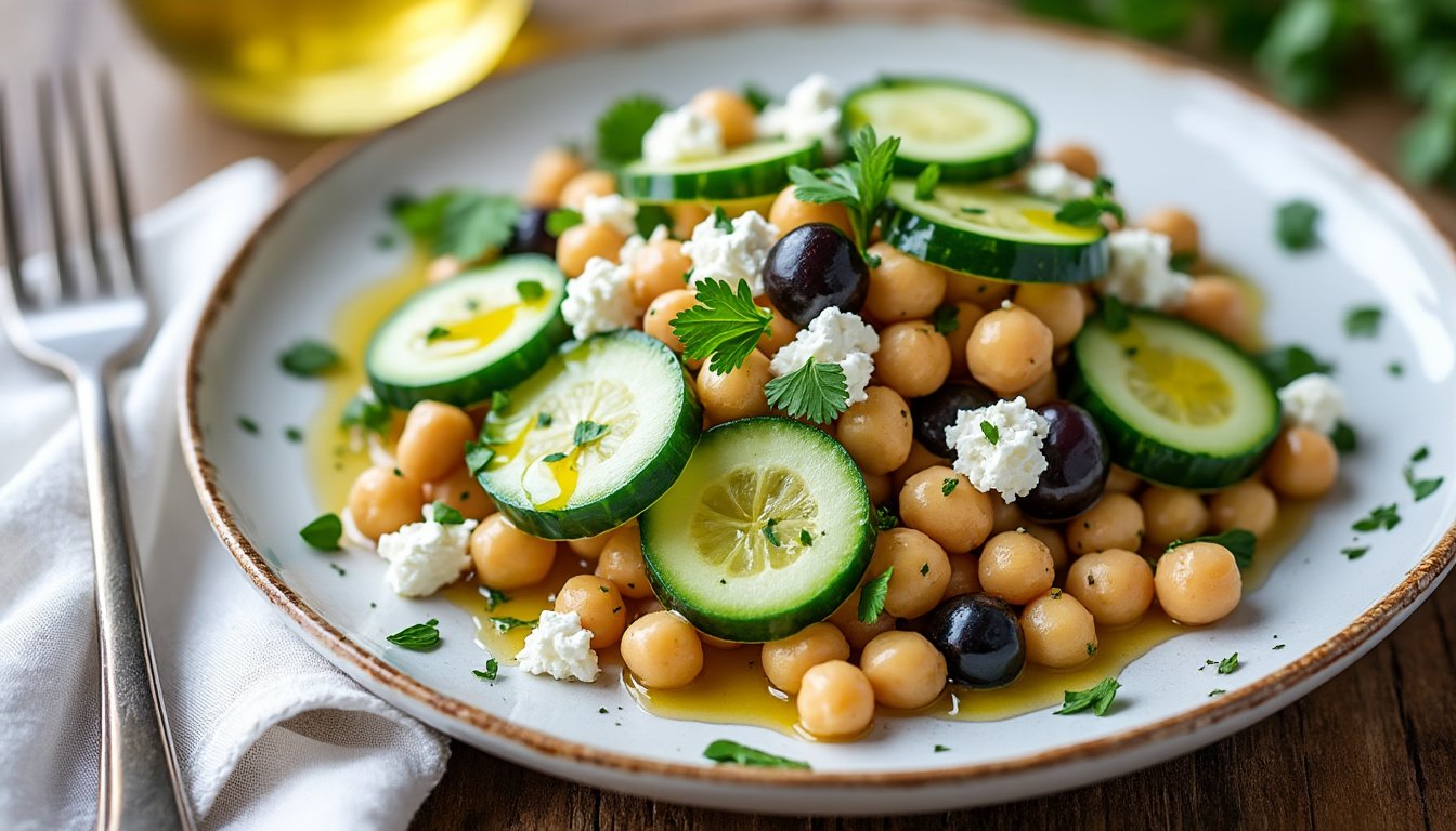 découvrez une salade fraîche et saine aux pois chiches grillés, concombre croquant et feta fondante. un plat savoureux et rapide à préparer, idéal pour un déjeuner léger ou une entrée d'été.