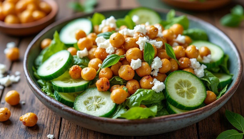 découvrez une salade fraîche et gourmande à base de pois chiches grillés, concombre croquant et feta savoureuse. idéale pour un repas sain, rapide et plein de saveurs méditerranéennes.