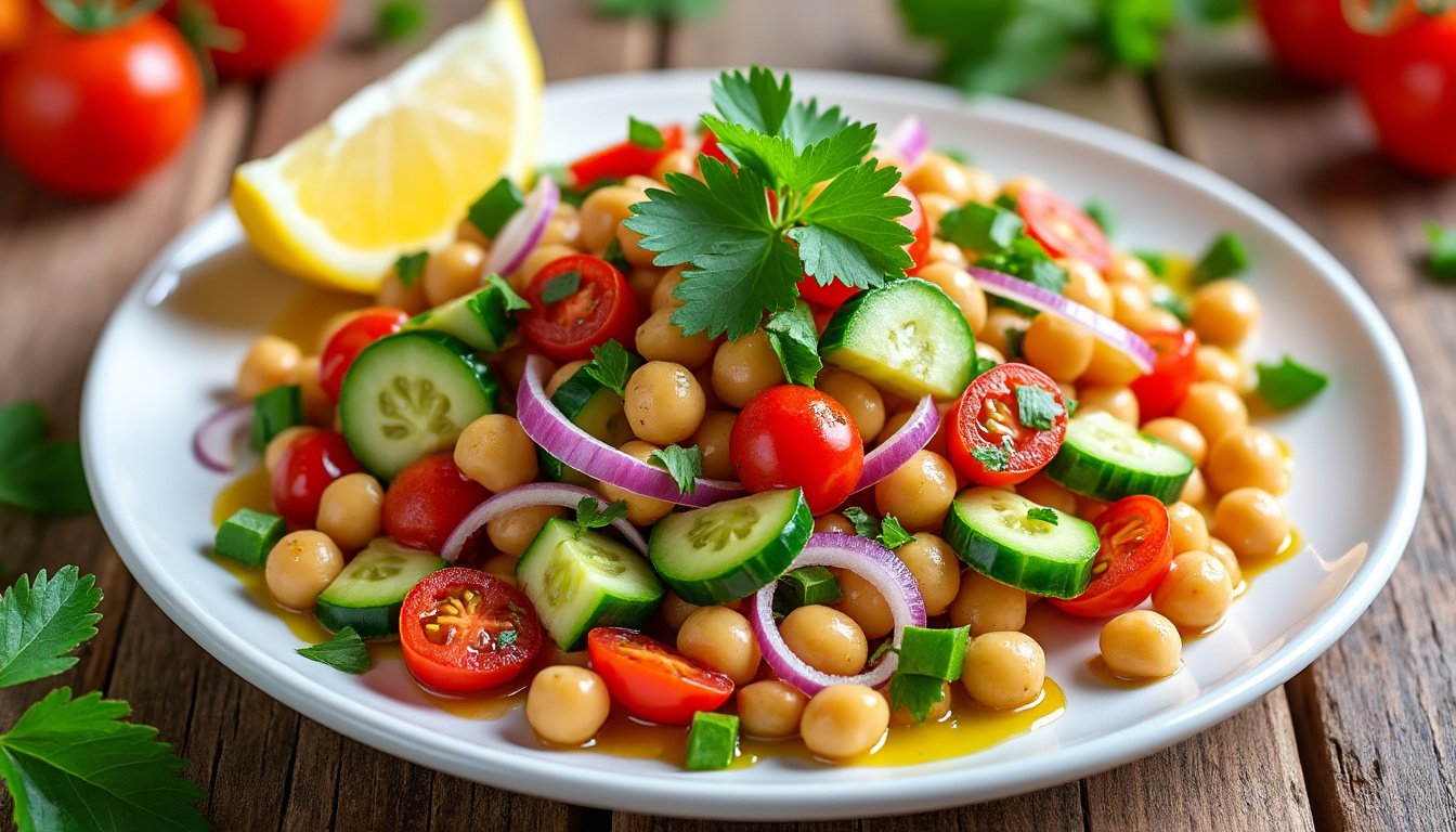 découvrez une salade fraîche et savoureuse à base de pois chiches grillés, concombre croquant et feta fondante. parfaite pour un repas léger, riche en protéines et pleine de saveurs méditerranéennes !