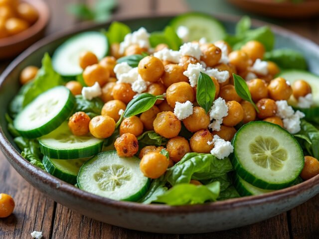 Salade de pois chiches grillés, concombre et feta