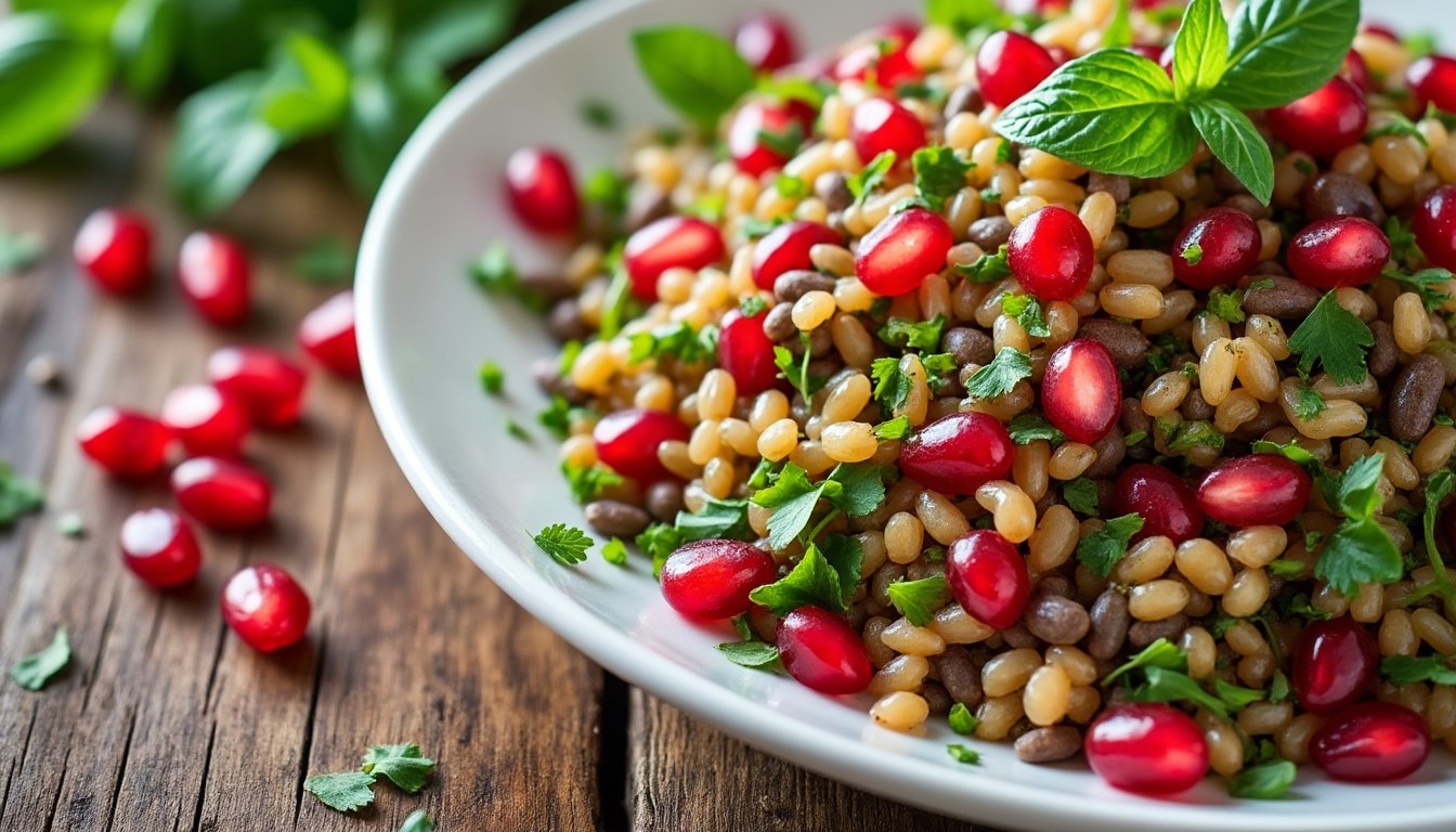 découvrez notre savoureuse salade de riz complet, lentilles et graines de grenade : un mélange coloré et équilibré, riche en protéines végétales et en saveurs, idéal pour un repas frais et sain.