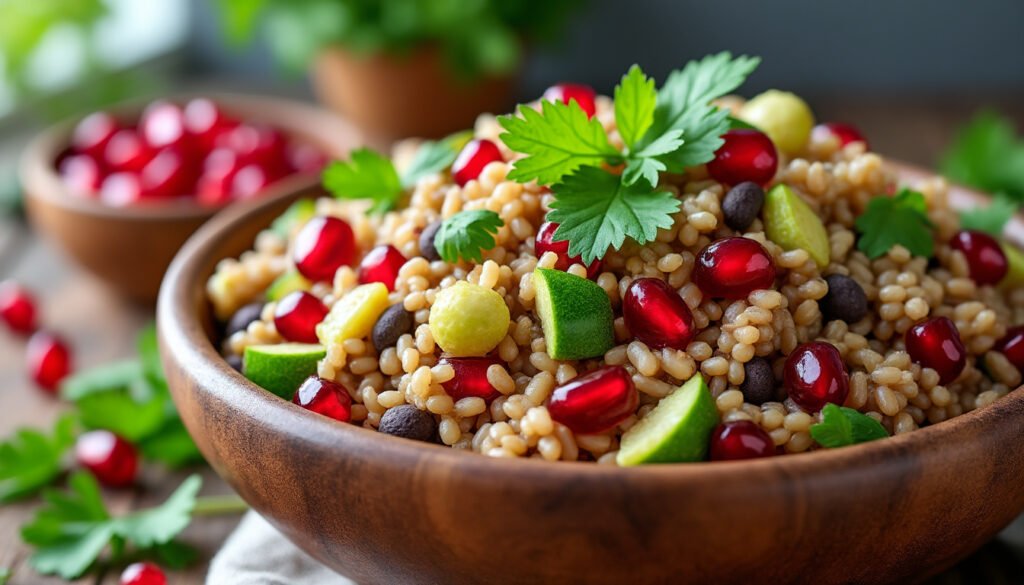 découvrez notre recette healthy de salade de riz complet, lentilles et graines de grenade : un plat savoureux, riche en protéines et en fibres, parfait pour un repas équilibré et coloré !