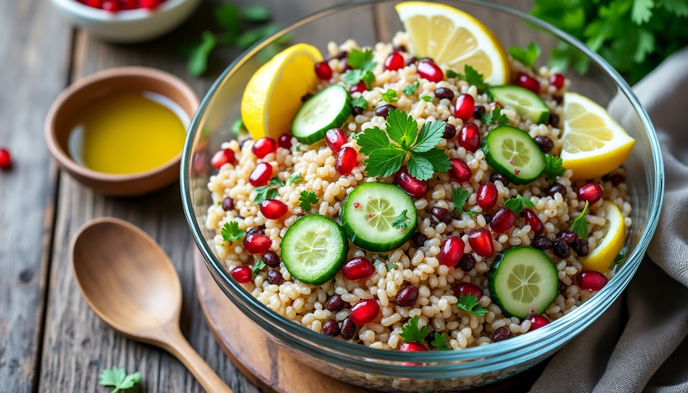 découvrez une salade de riz complet gourmande, associant des lentilles riches en protéines et des graines de grenade pour une touche de fraîcheur et de croquant. parfaite pour un repas sain et équilibré.