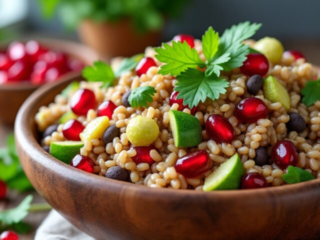 Salade de riz complet, lentilles et graines de grenade