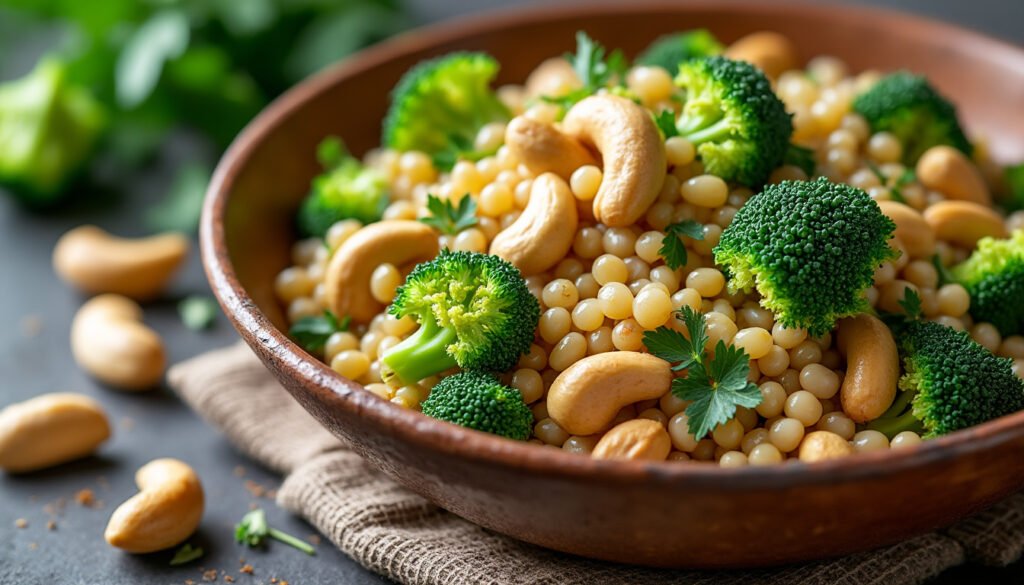 savourez cette salade d’orge perlé aux brocolis croquants et noix de cajou grillées, une recette saine et gourmande, idéale pour un repas équilibré et plein de saveurs.
