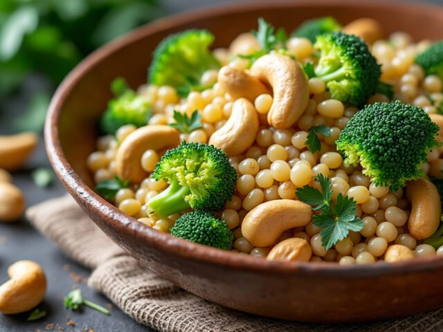 Salade d’orge perlé, brocolis et noix de cajou