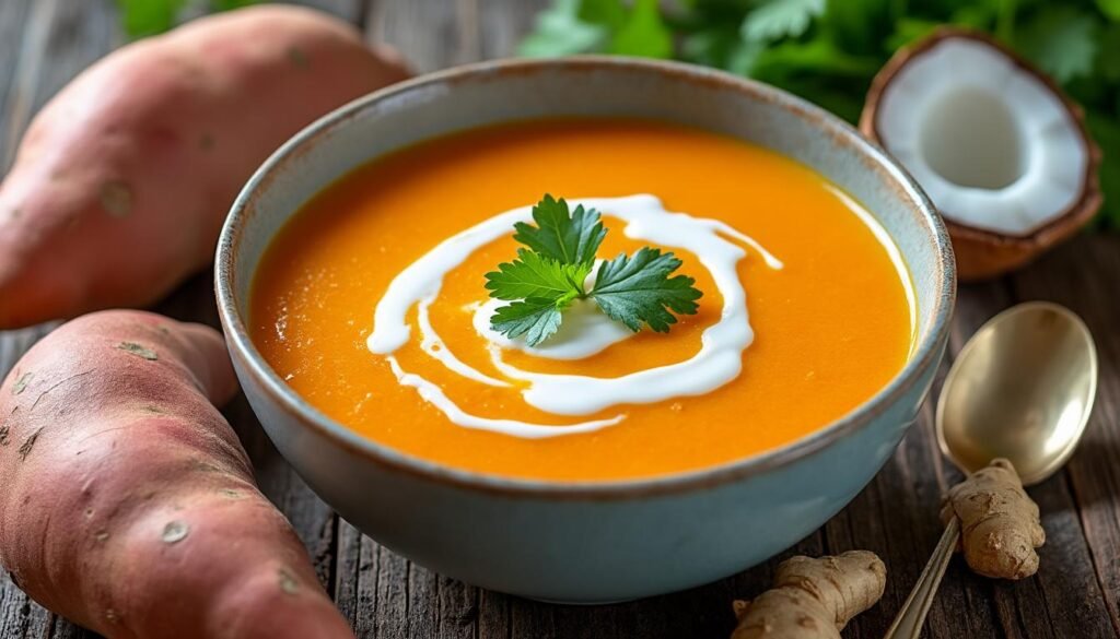découvrez une délicieuse soupe froide de patate douce relevée par une touche de gingembre, parfaite pour les journées chaudes. rafraîchissante, saine et facile à préparer, cette recette séduira vos papilles !