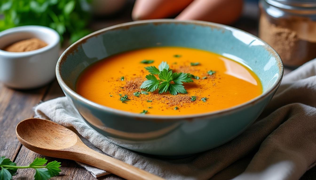 découvrez une soupe froide à base de patate douce et de gingembre, parfaite pour l'été : rafraßchissante, légÚre et originale, elle ravira vos papilles avec ses saveurs douces et épicées.