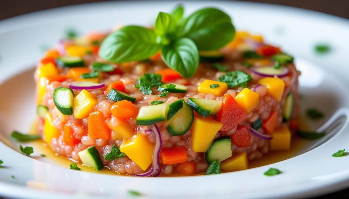 découvrez notre savoureux tartare de légumes croquants sublimé par une vinaigrette citronnée, pour une entrée fraîche, légère et pleine de vitalité.