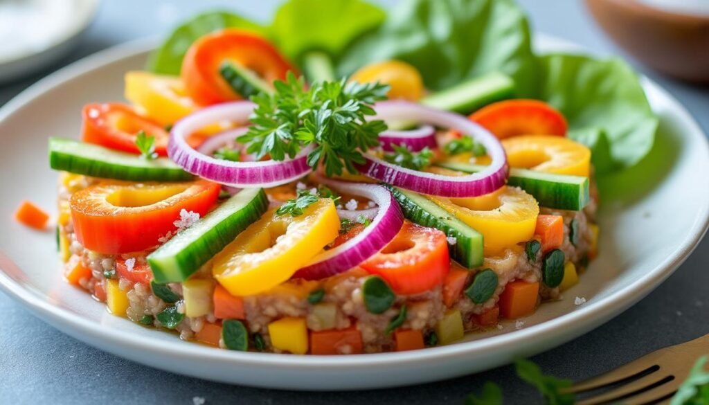 découvrez une recette fraîche et légère de tartare de légumes croquants, relevée d’une savoureuse vinaigrette citronnée. parfait pour une entrée saine et pleine de saveurs !